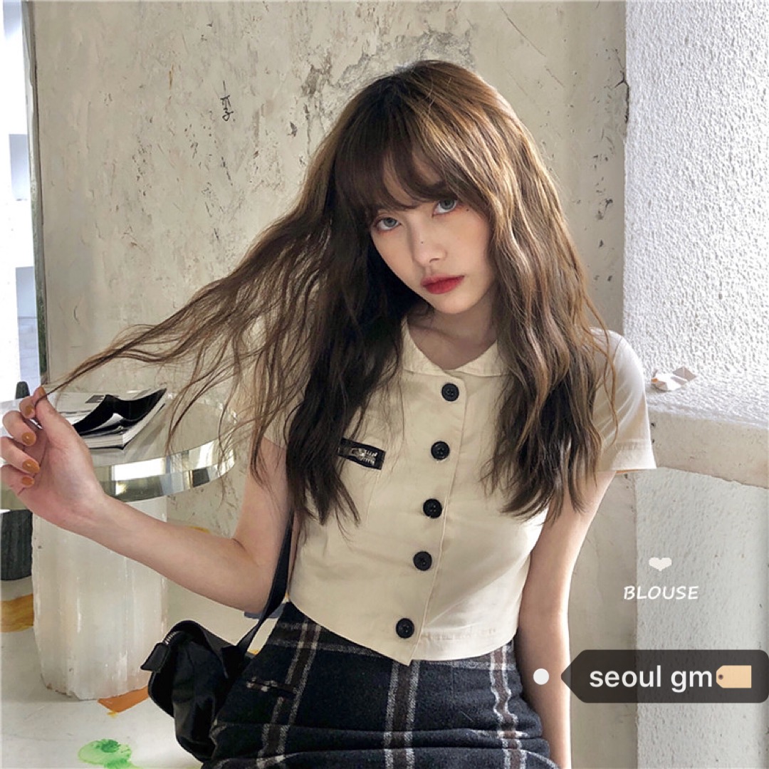 SEOUL韩风chic复古chic衬衣设计感小众修身短款工装风短袖衬衫女