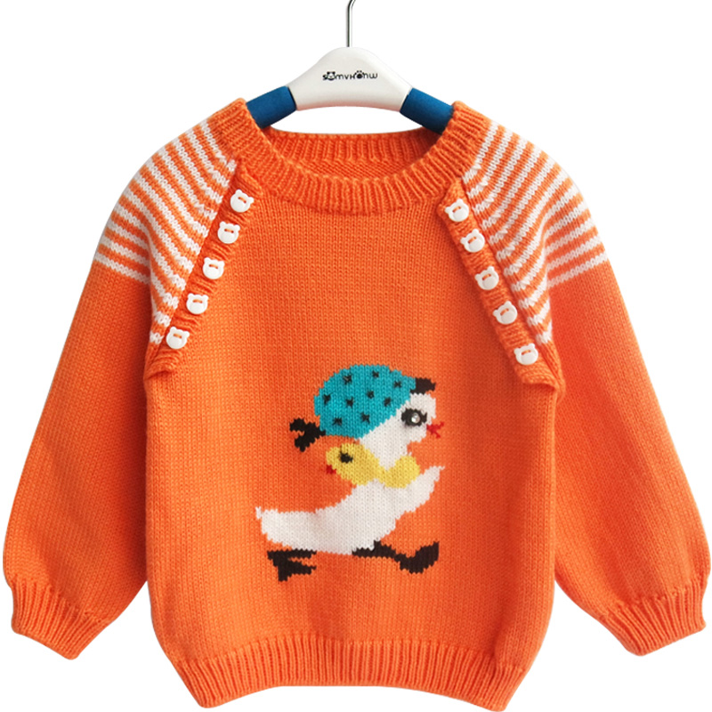 套头手工编织纽扣圆领小鸭条纹毛线保暖长袖毛衣