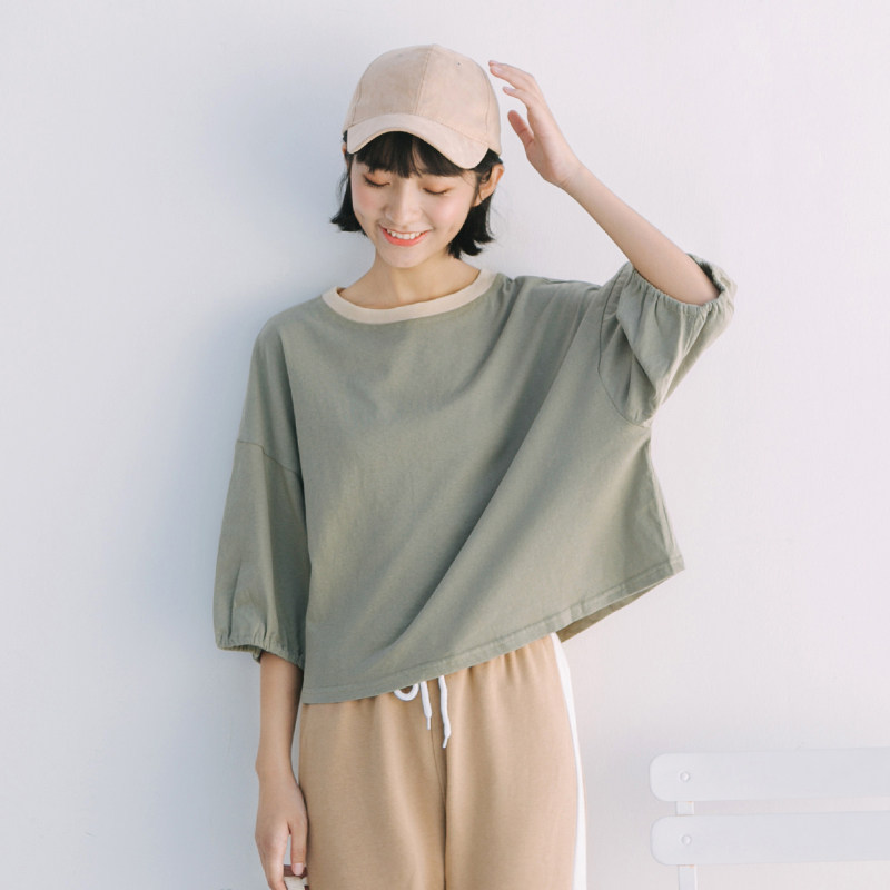 谧斯上衣恤女宽松ins短款纯棉衫女娃娃七分t恤