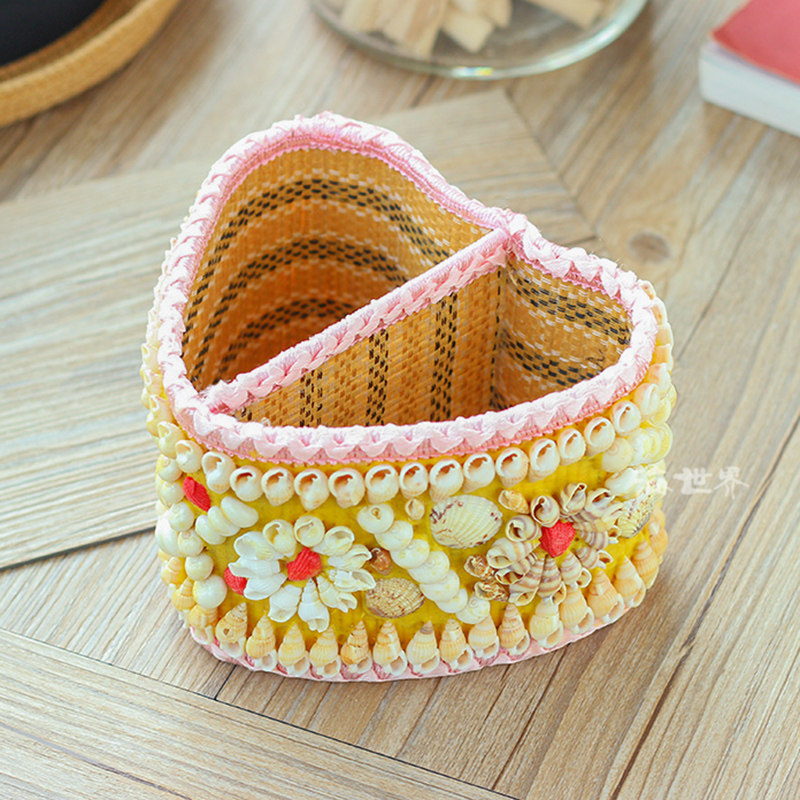 天然贝壳工艺品多层竹编笔筒笔架茶几遥控器杂物海螺