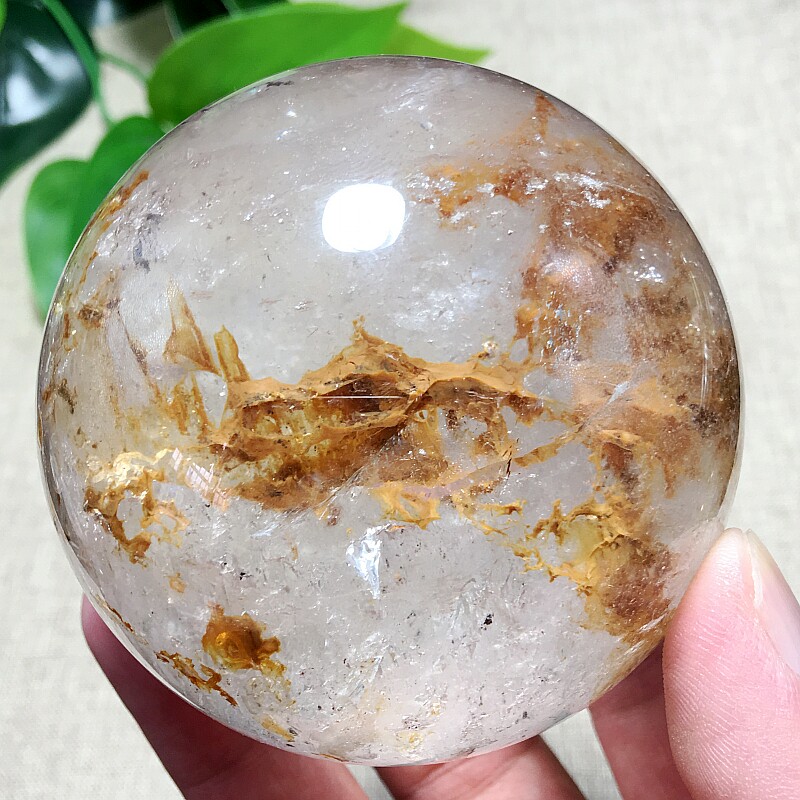 水晶球天然黄胶花摆件幽灵水晶把玩红胶花白异象摆件