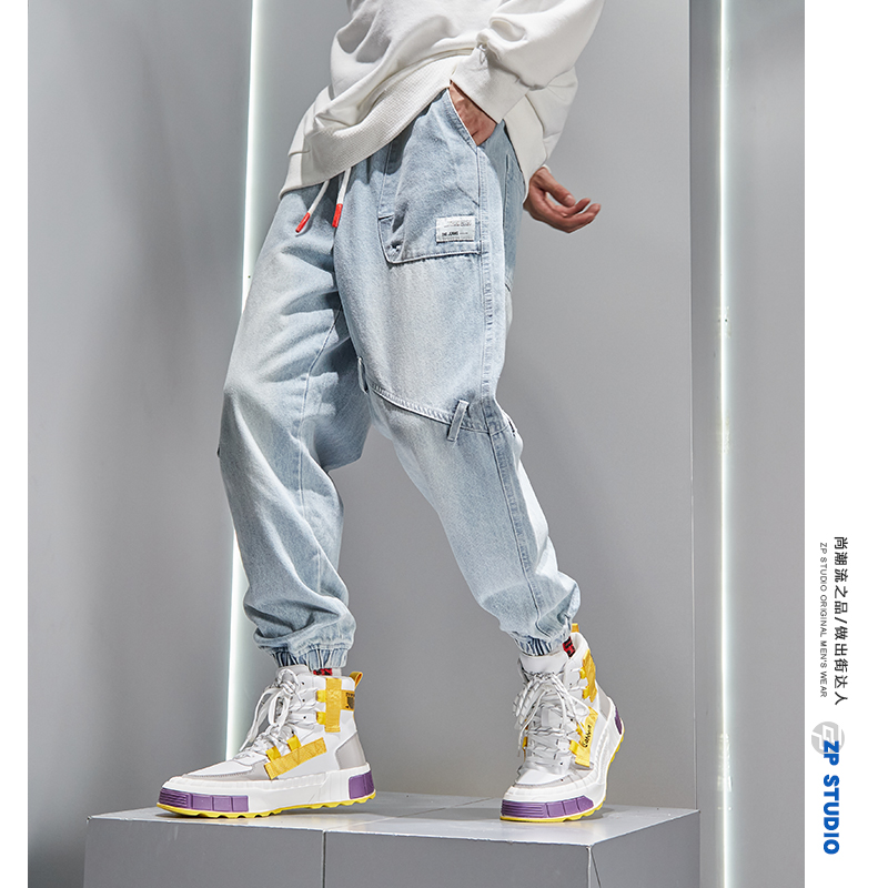 夏季潮牌休闲宽松直筒水洗磨白新款浅色牛仔裤男哈伦束脚九分裤子