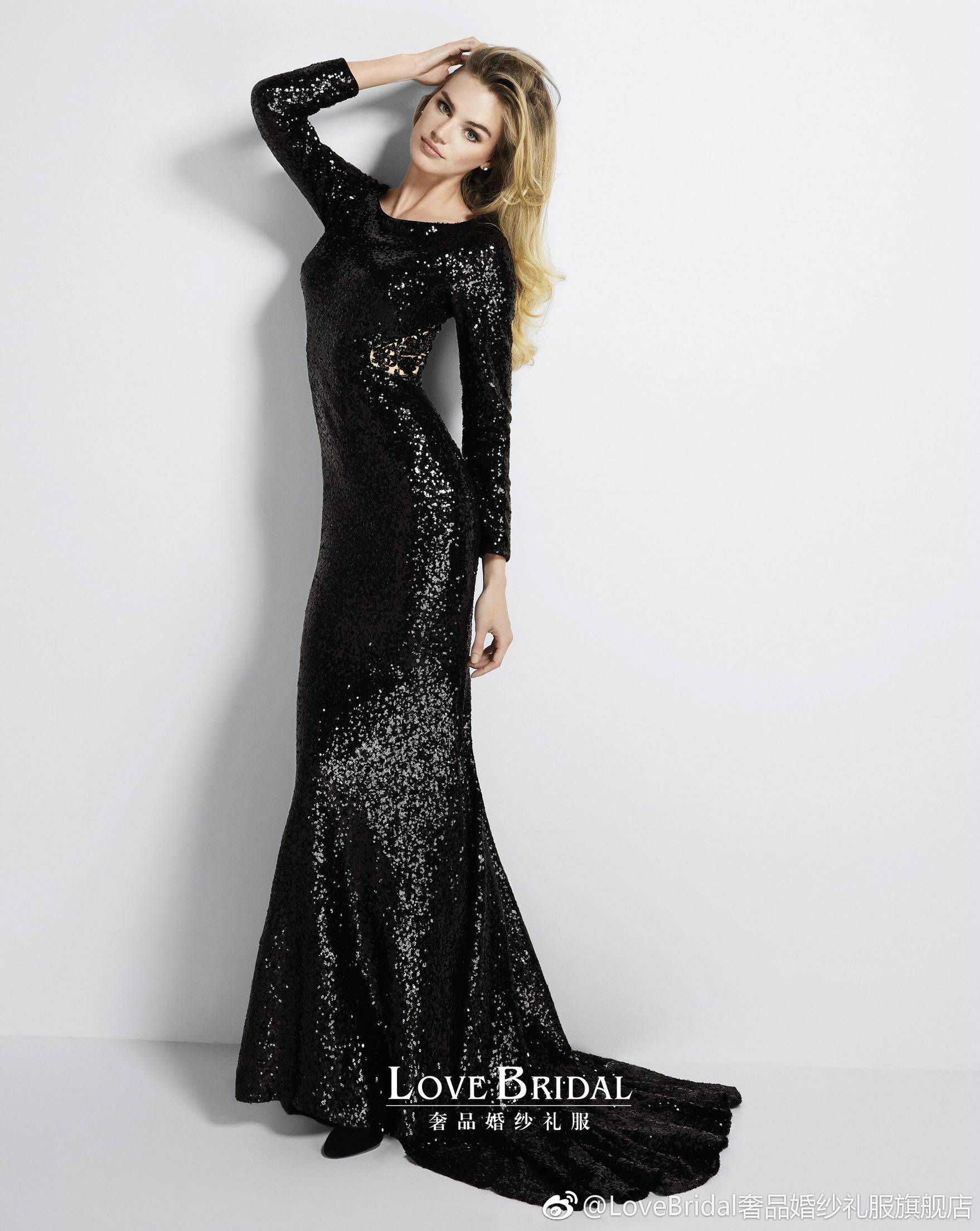 宴会晚礼服2021新款黑色亮片长袖优雅长款成人礼服