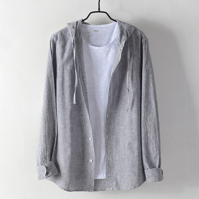 日系条纹亚麻长袖衬衫男装春夏季休闲连帽防晒外套宽松棉麻衬衣薄