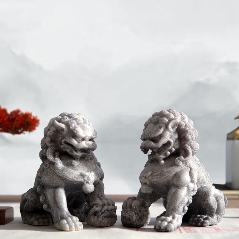新中式禅意狮子摆件一对样板家居客厅书房玄关摆件