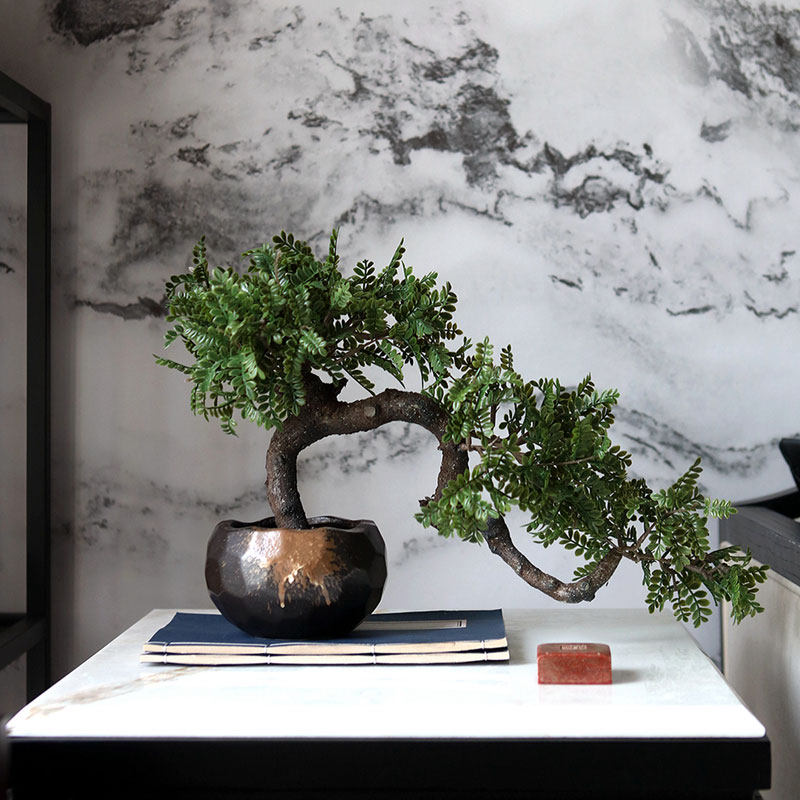 新中式客厅设计师样板售楼处玄关酒店绿植盆景黑松仿真植物盆景