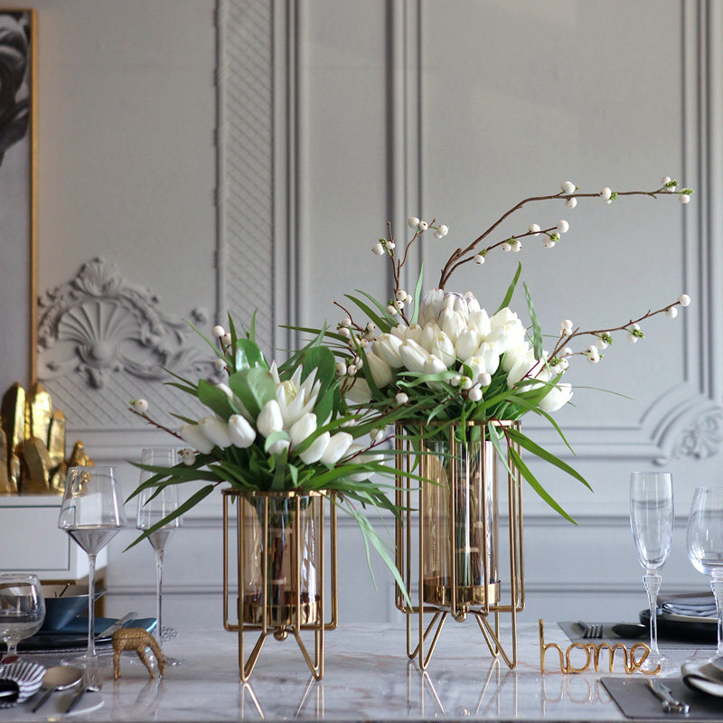 现代轻奢金属玻璃花瓶摆件仿真花插花器样板间花艺设计师家居饰品