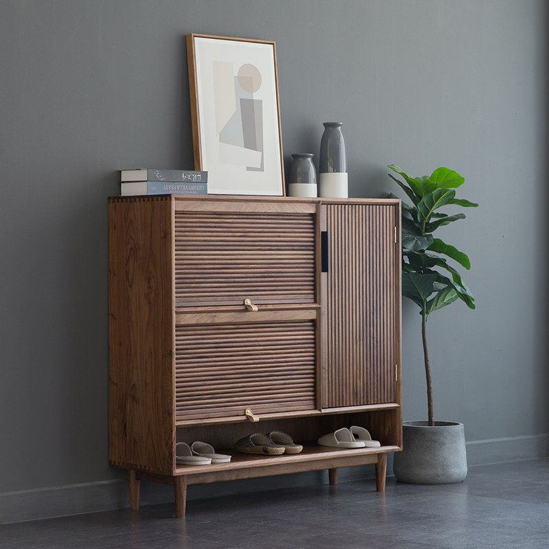 日式实木胡桃鞋柜现代简约橡木玄关柜门门厅大容量鞋柜