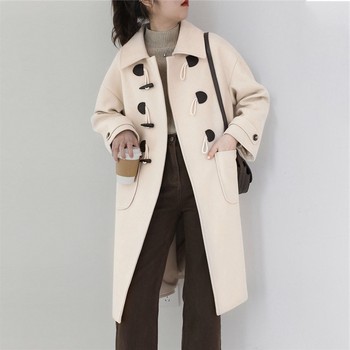 Retro Horn Button Woolen Coat Women's Mid-Length 2024 Autumn and Winter New Korean Style College Style Coat Thickened Woolen Coat