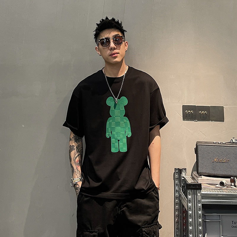 夏季男士新款潮流小熊印花T恤宽松休闲短袖痞帅圆领套头半袖上衣