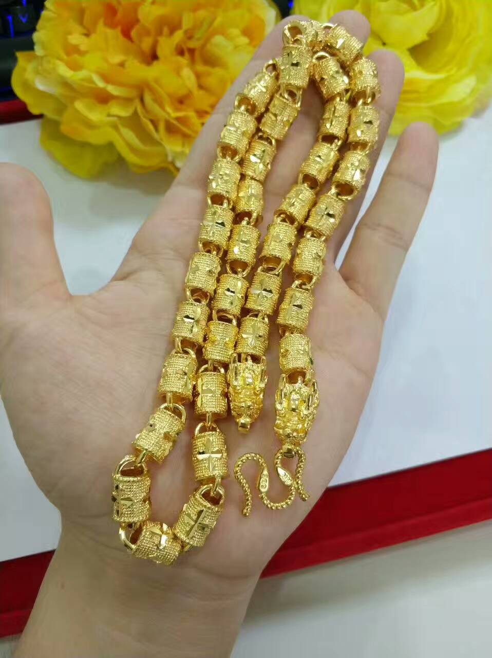 越南沙金厚金项链男24k空心圆珠金项链黄金观音吊坠项链久不掉色