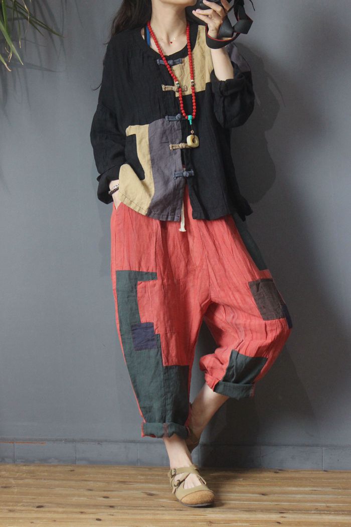 丐帮乞丐麻衣棉麻盘扣贴布撞色衬衫女2020春季新款个性潮流上衣