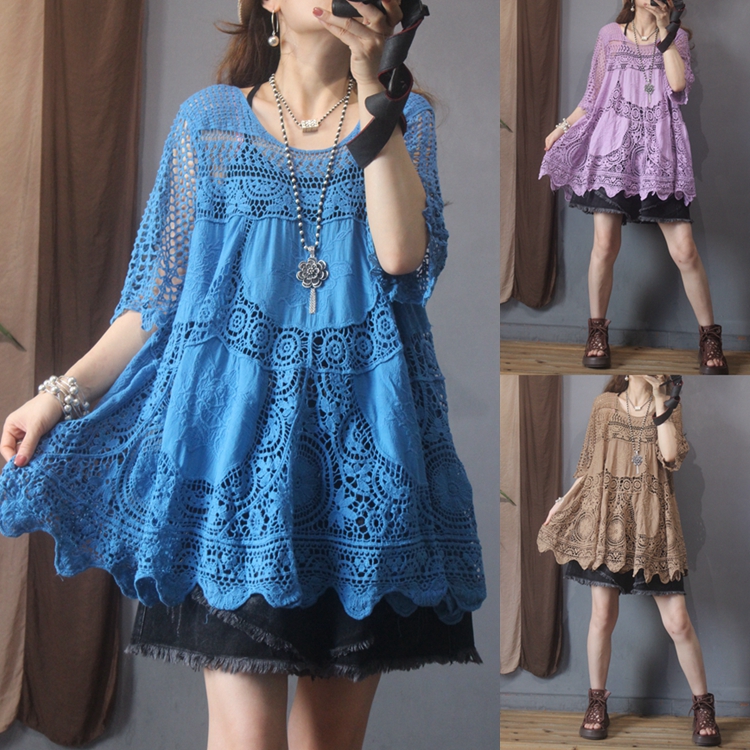 潮流镂空蕾丝圆领小衫女 2021年夏季新款宽松大摆五分袖通勤上衣