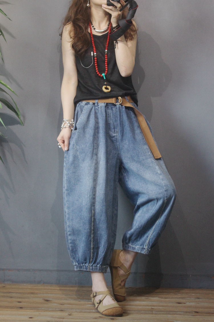 牛仔灯笼裤浅蓝显瘦宽松百搭磨白休闲裤欧货松紧牛仔裤