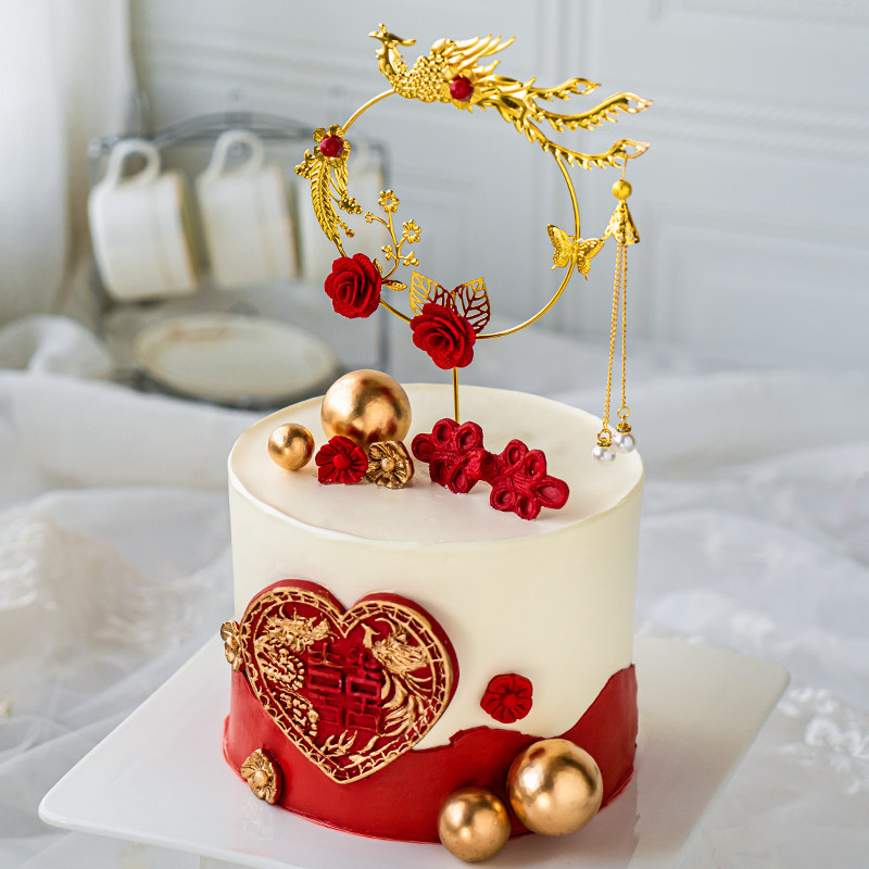 婚礼蛋糕装饰凤凰摆件爱心双喜中国结情人节新年节日装扮用品