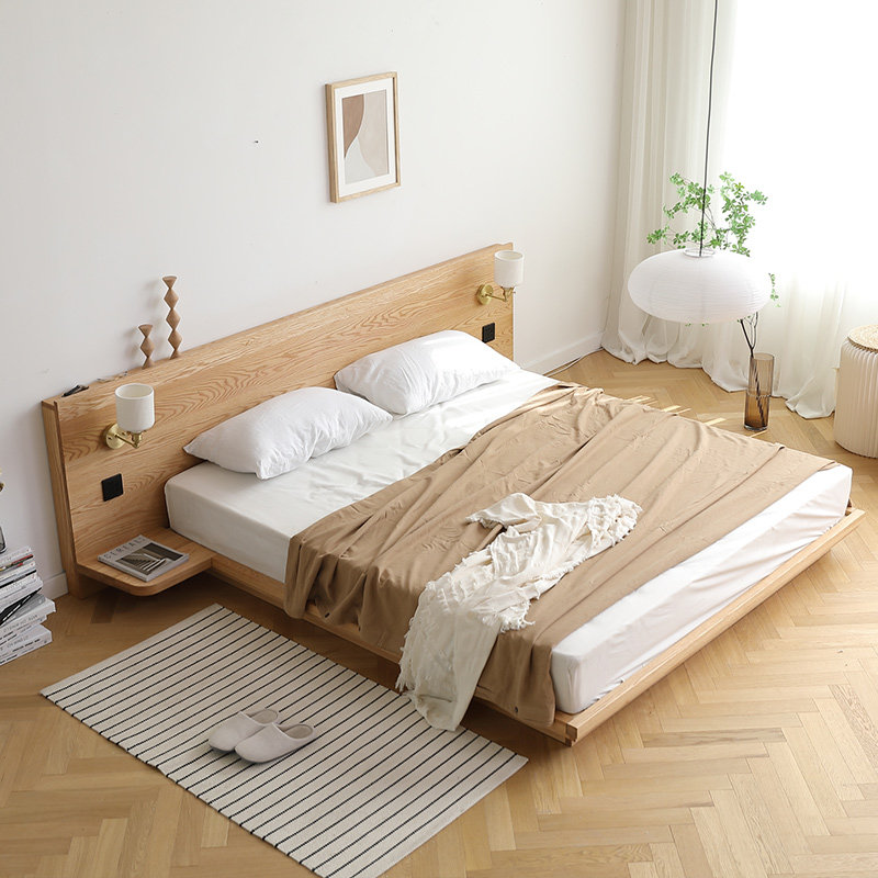 北欧风大板靠背实木床日式榻榻米床头柜一体原橡木床带灯带落地床