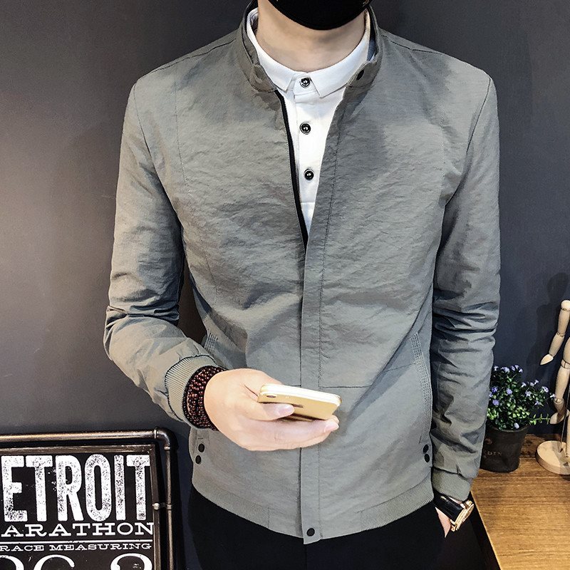 秋季修身纯色立领夹克男短款外套上衣韩版潮流百搭棒球服简约男装