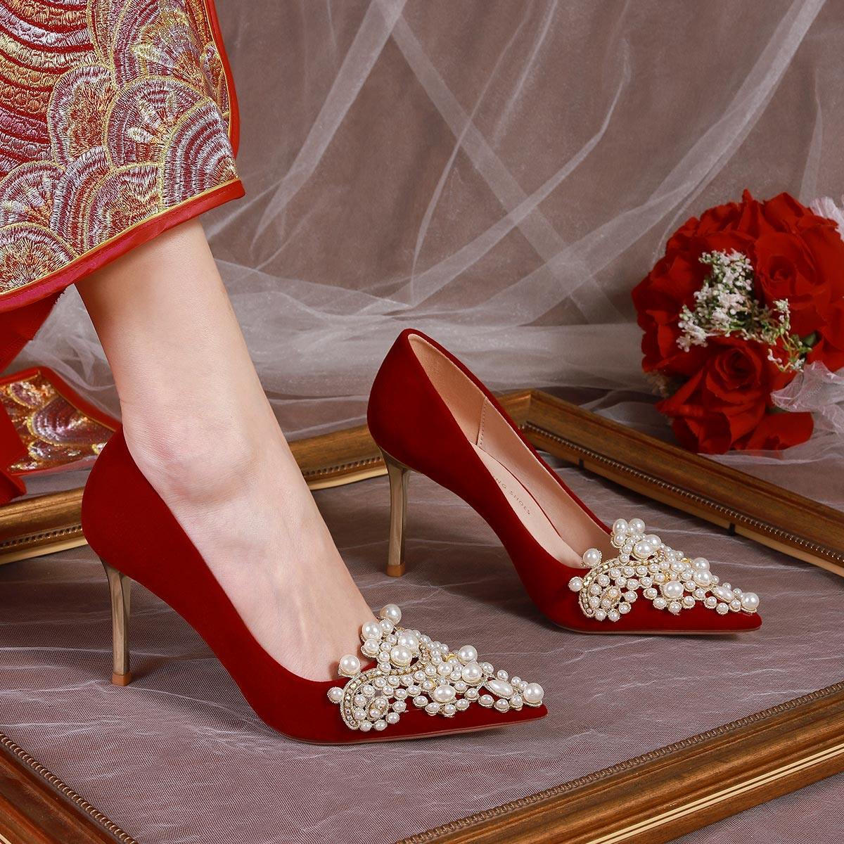 中式秀禾服婚鞋夏季女刺绣红色新娘鞋2022年新款婚礼敬酒细高跟鞋