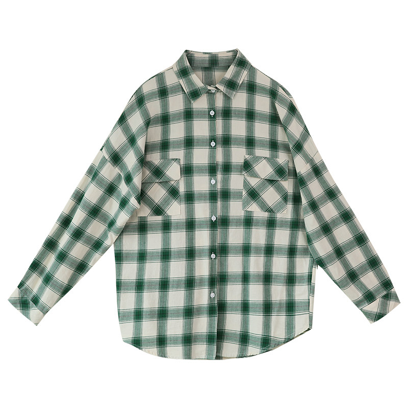 suin秋季2019新款休闲文艺宽松bf港风绿格子长袖衬衫女衬衣9231
