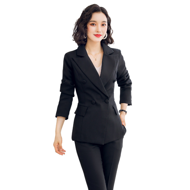 诗璐雅黑色西装女套装商务休闲职业装4s店房地产经理工作服女时尚