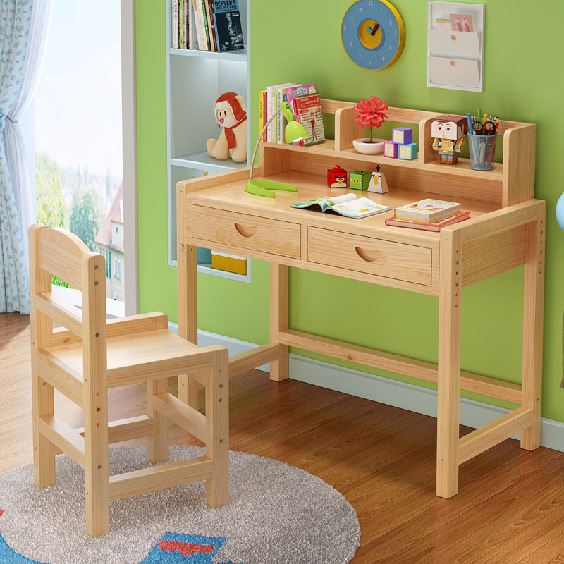 儿童写字桌椅套装实木小学生家用女孩学习桌小孩书桌书柜组合男孩