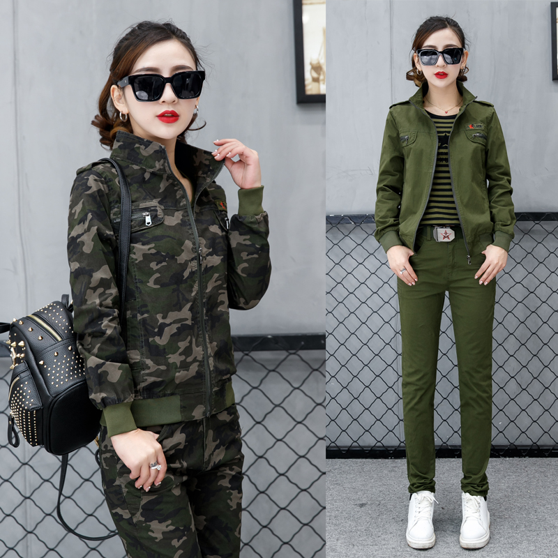 迷彩服套装女春秋户外运动休闲登山服两件套军装军训服军绿色套装