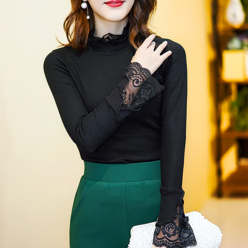 半高领打底衫女秋2018新款长袖t恤女秋冬修身韩版蕾丝上衣女百搭