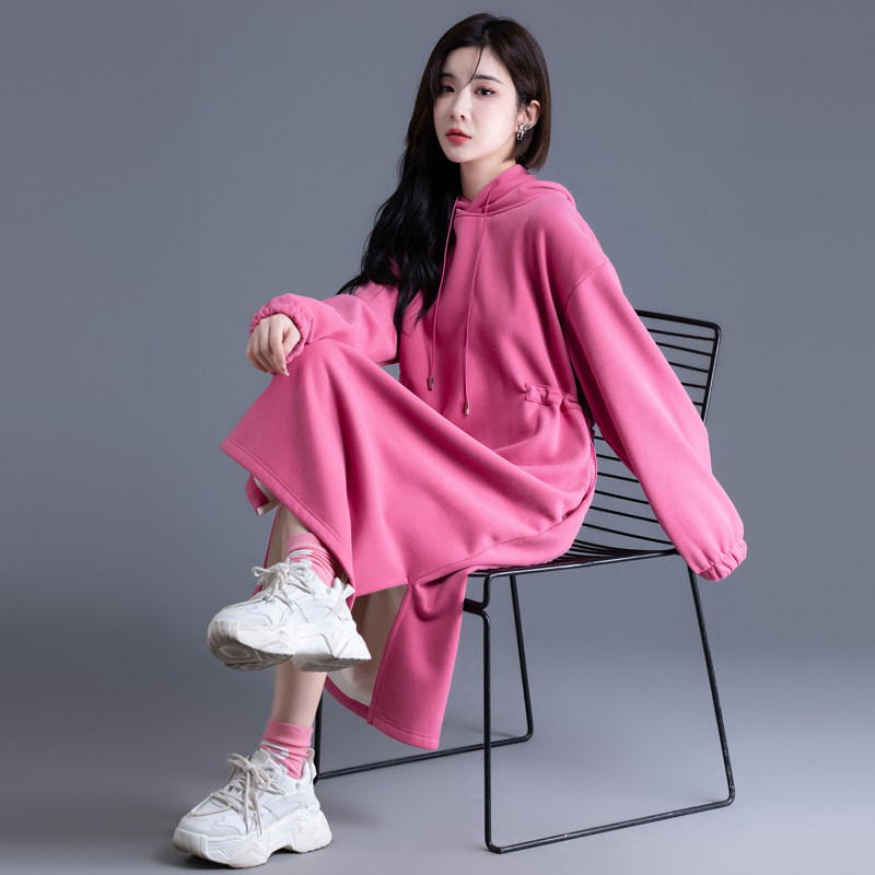 休闲卫衣裙2022年新款秋冬加绒雾霾蓝色外套中长款连帽连衣裙长裙