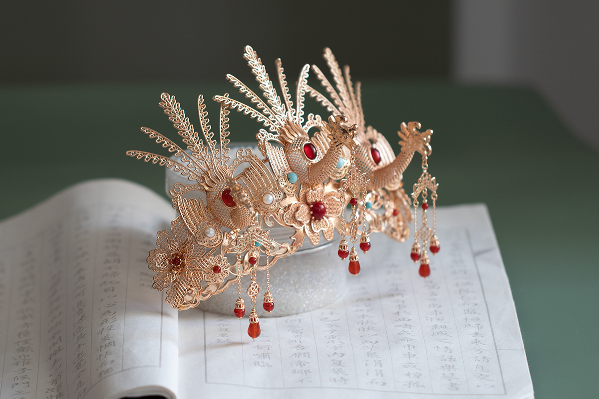 清风原创设计古风汉服凤凰发冠头饰婚礼全套发饰