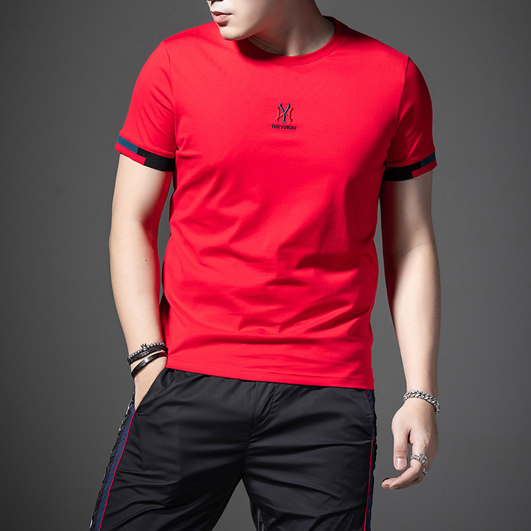 2021年夏季纯棉ny刺绣短袖T恤男潮牌韩版修身百搭红色丝光棉半袖