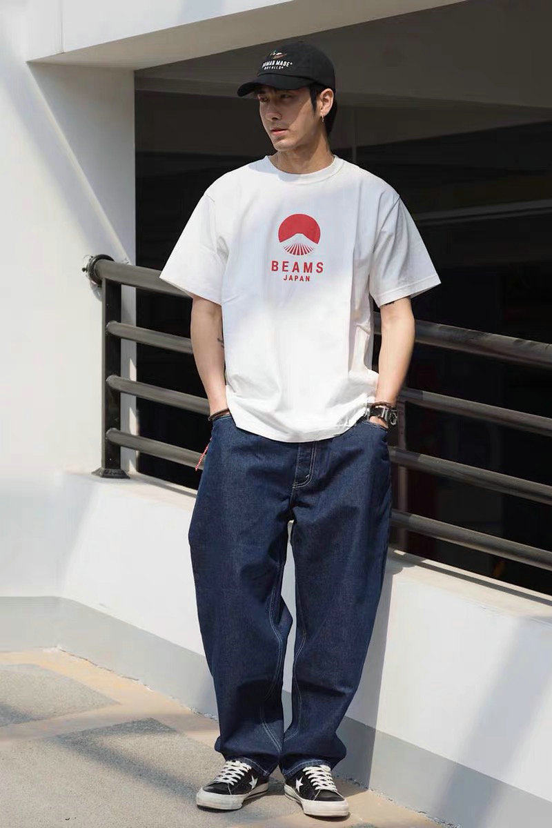 beamsjapan红绳纯棉宽松富士山圆领日式街头短袖t恤