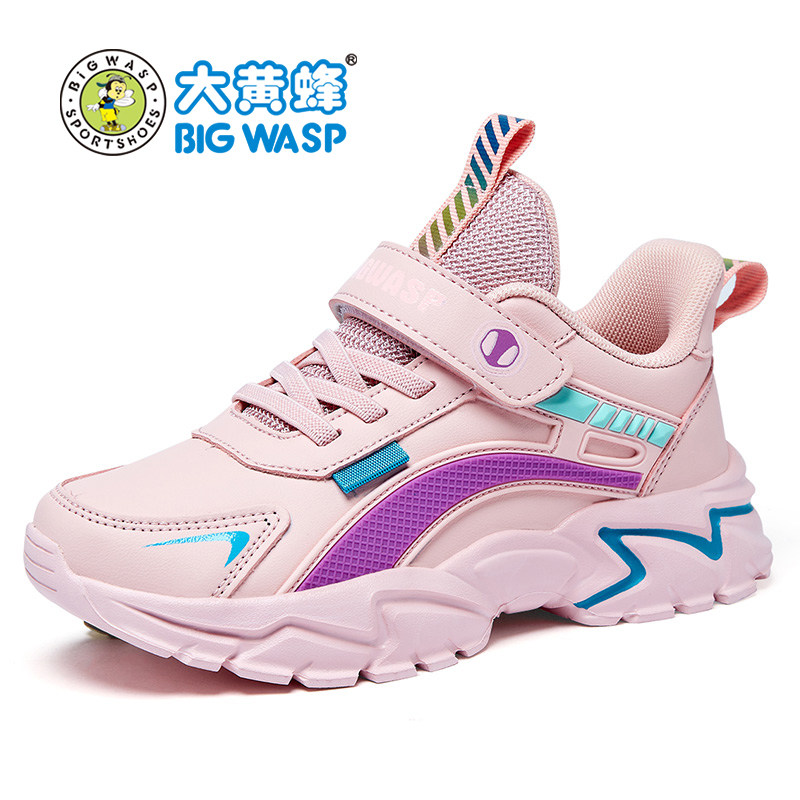 大黄蜂女童童鞋春款皮面防水运动鞋鞋网透气中大运动鞋