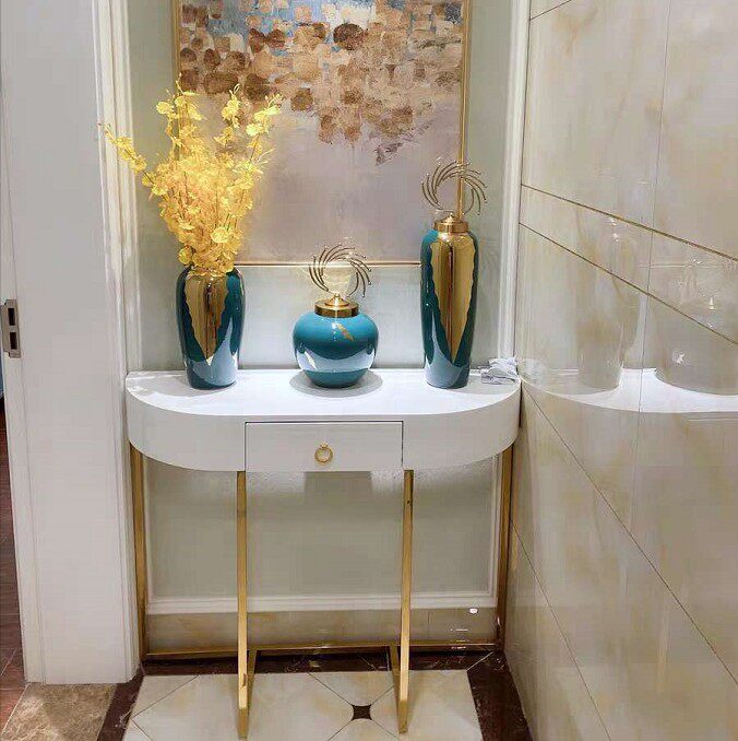 玄关意式轻奢现代简约弧形端景台置物架装饰入户门厅玄关台