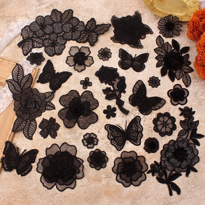 免烫自粘黑色蕾丝衣服补丁贴布贴欧根纱装饰贴花雪纺网纱裙子补洞