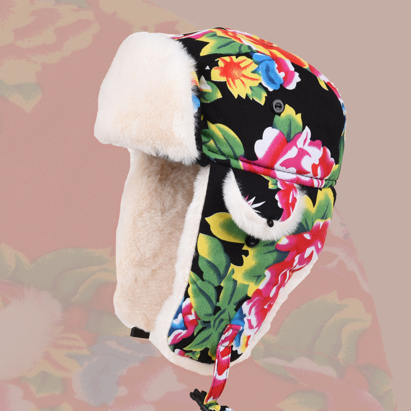 国潮棉帽骑车儿童护耳保暖帽子花布雷锋北大帽子