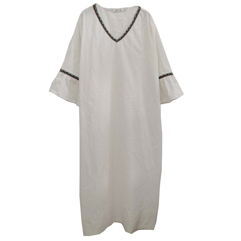 遮肉显瘦连衣裙民族风宽松长款袍子简约白袍子棉麻连衣裙