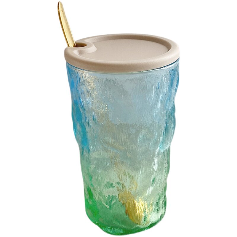 渐变翠绿小清新带勺冰川杯磨砂奶茶杯带防尘食品级pp材质盖子水杯