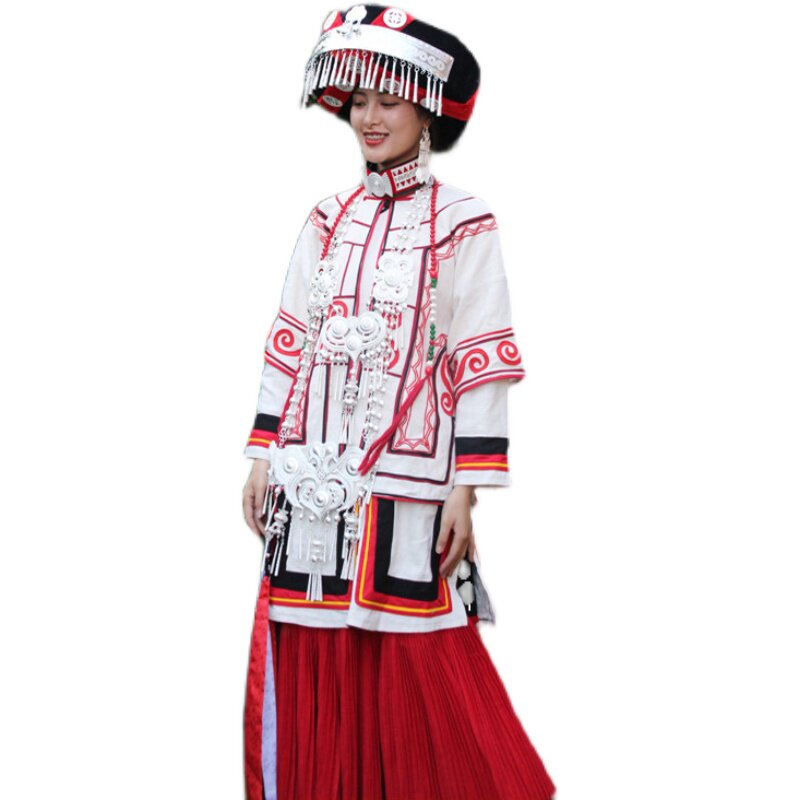 凉山彝族服装套装新娘棉麻手工量身定制白色民族服装