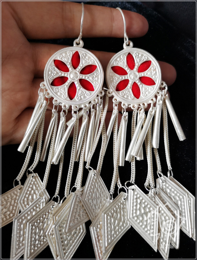 耳环凉山彝族纯银手工复古民族风长流流苏银耳耳环