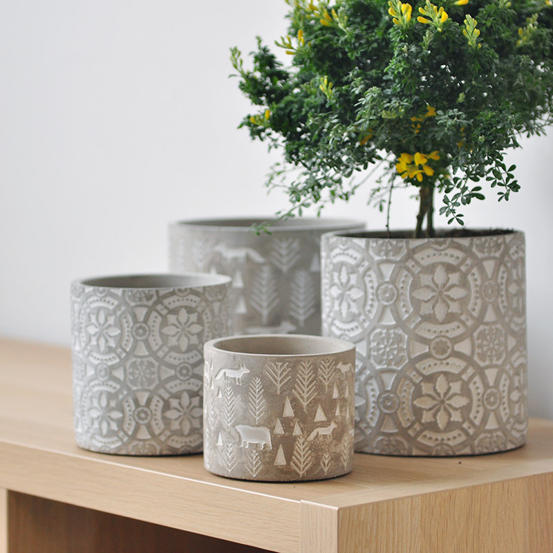 九思浮雕花纹水泥花盆现代多肉植物绿植盆栽花盆