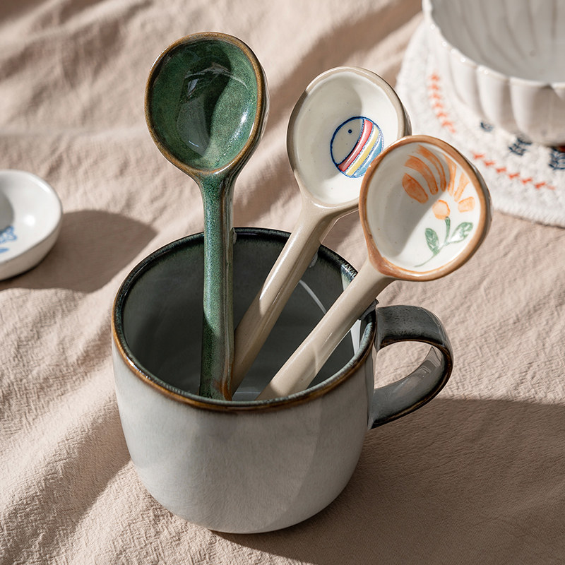 onlycook可爱陶瓷勺子长柄复古粗陶汤勺儿童家用叉