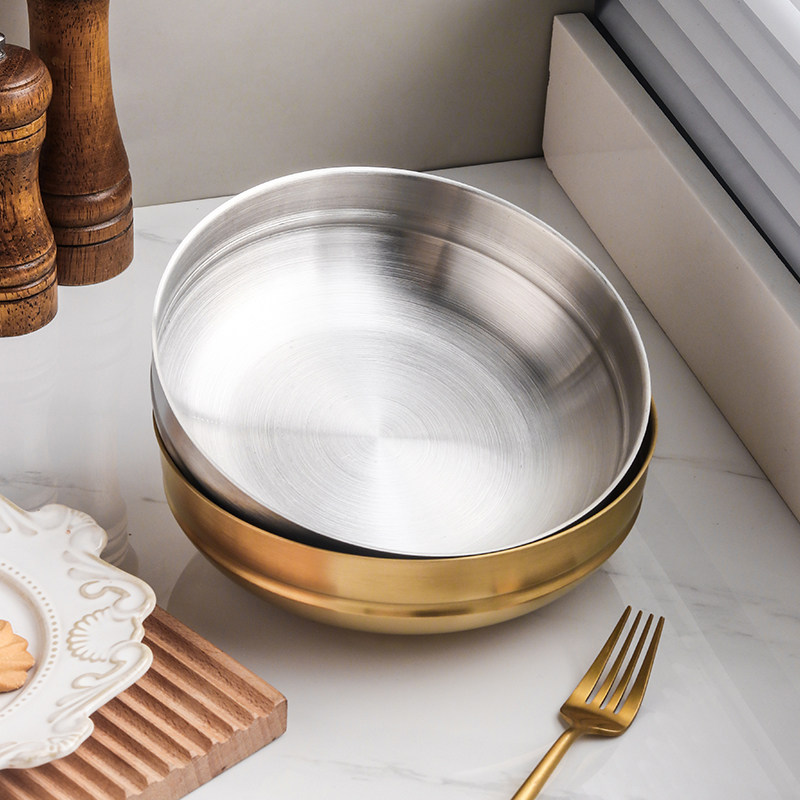 韩式不锈钢冷面碗家用拌饭碗单层拉丝泡面碗金色拌面碗汤碗超大碗