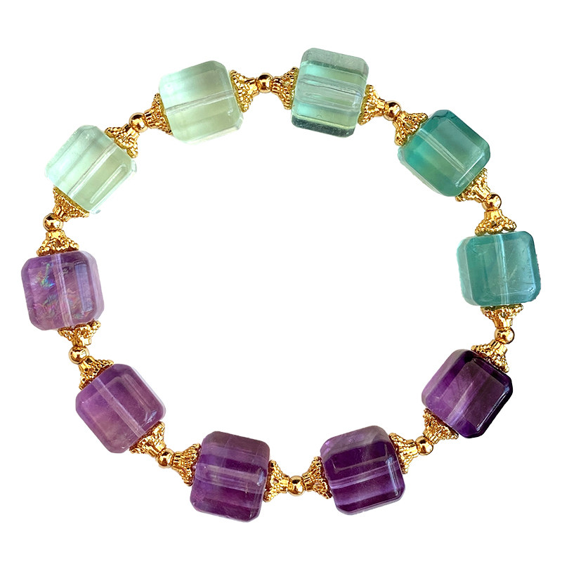 天然水晶紫绿双色彩萤石方糖手链几何魔方渐变变色手链