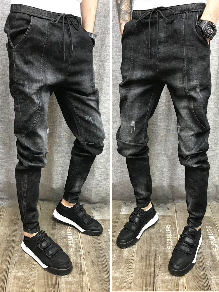 精神小伙裤子男修身小脚裤网红同款牛仔裤社会人拼接哈伦裤铅笔裤