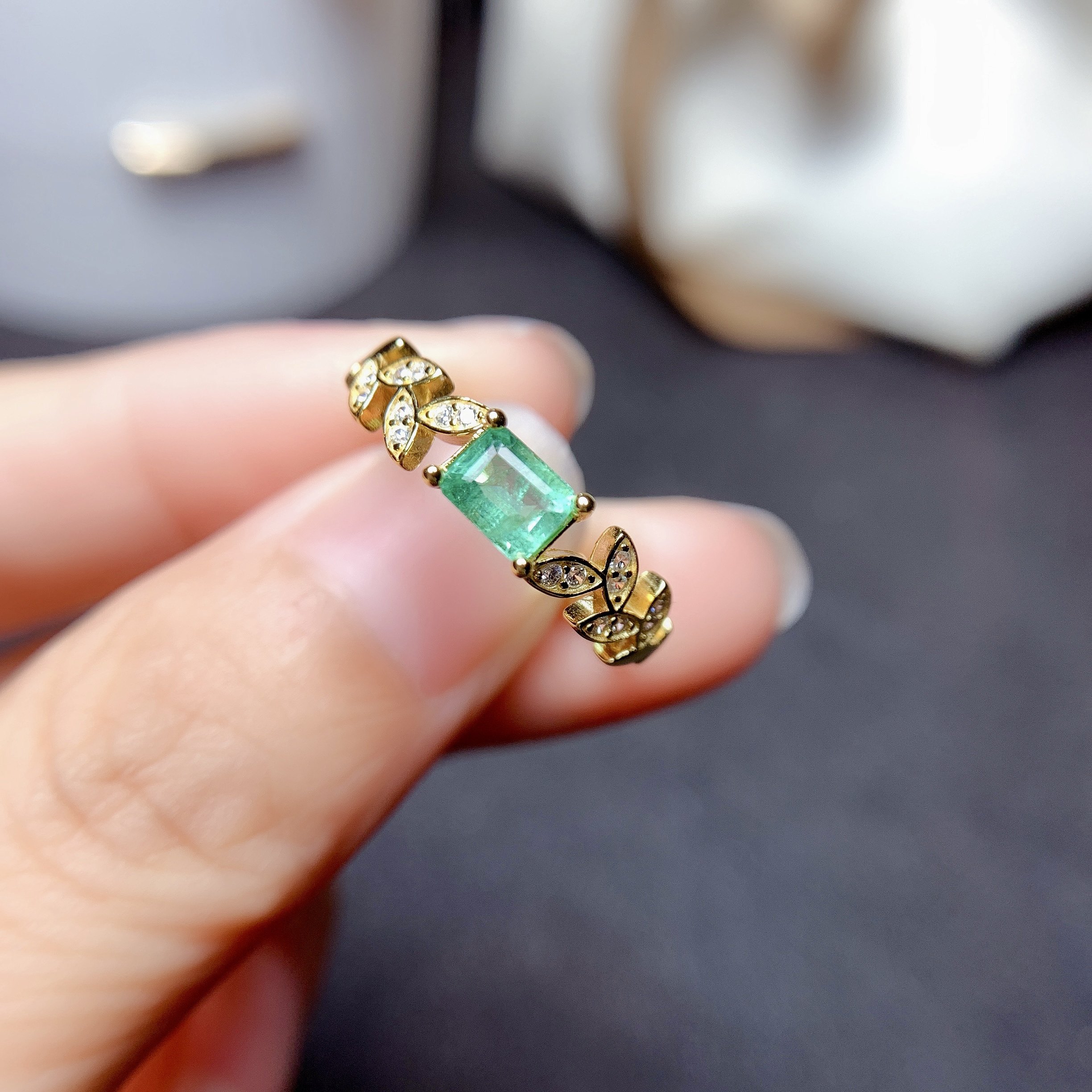 s925活圈指环食指轻奢树叶银饰品长方形空托戒指戒指