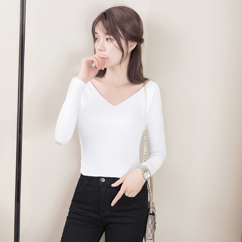 长袖t恤女装修身显瘦v领打底衫低领上衣服棉纯色大领紧身体恤秋衣
