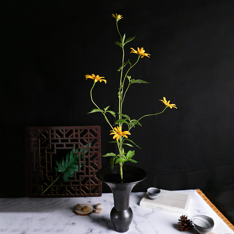 陶瓷花器禅意日式小原流插花花道黑色池坊流茶室桌面摆件水培器皿