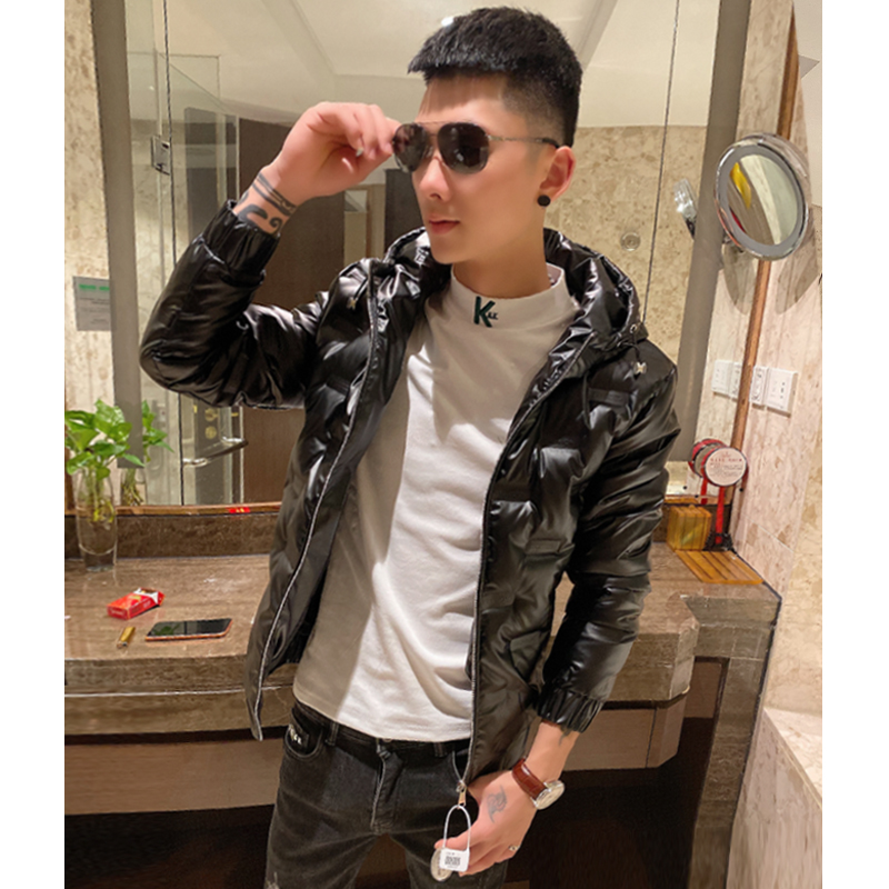 冬季修身连帽羽绒服男精神小伙保暖亮面棉衣外套潮男青春潮流上衣