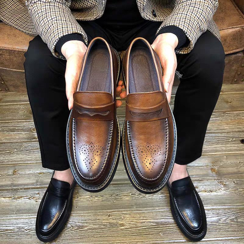 布洛克雕花男鞋套脚圆头复古英伦青年潮鞋真皮百搭商务休闲皮鞋男