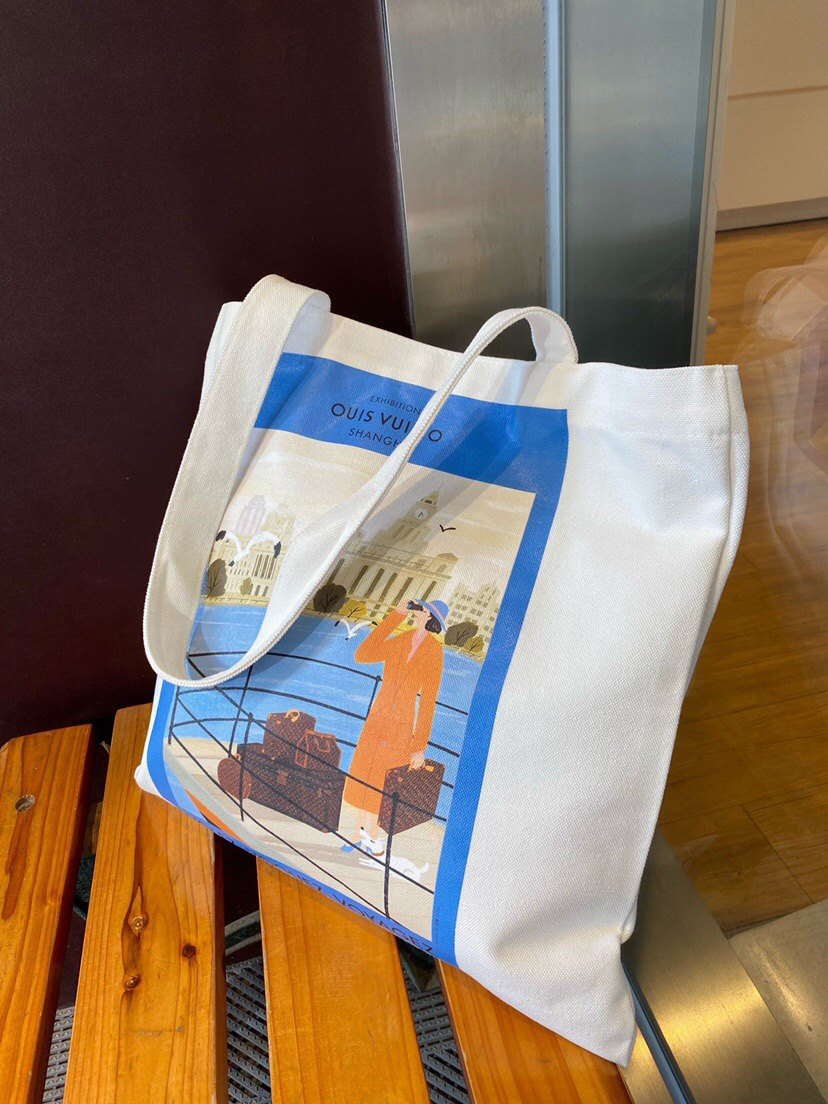 lv展览帆布布袋帆布包白色时尚潮流容量大上海插画购物袋